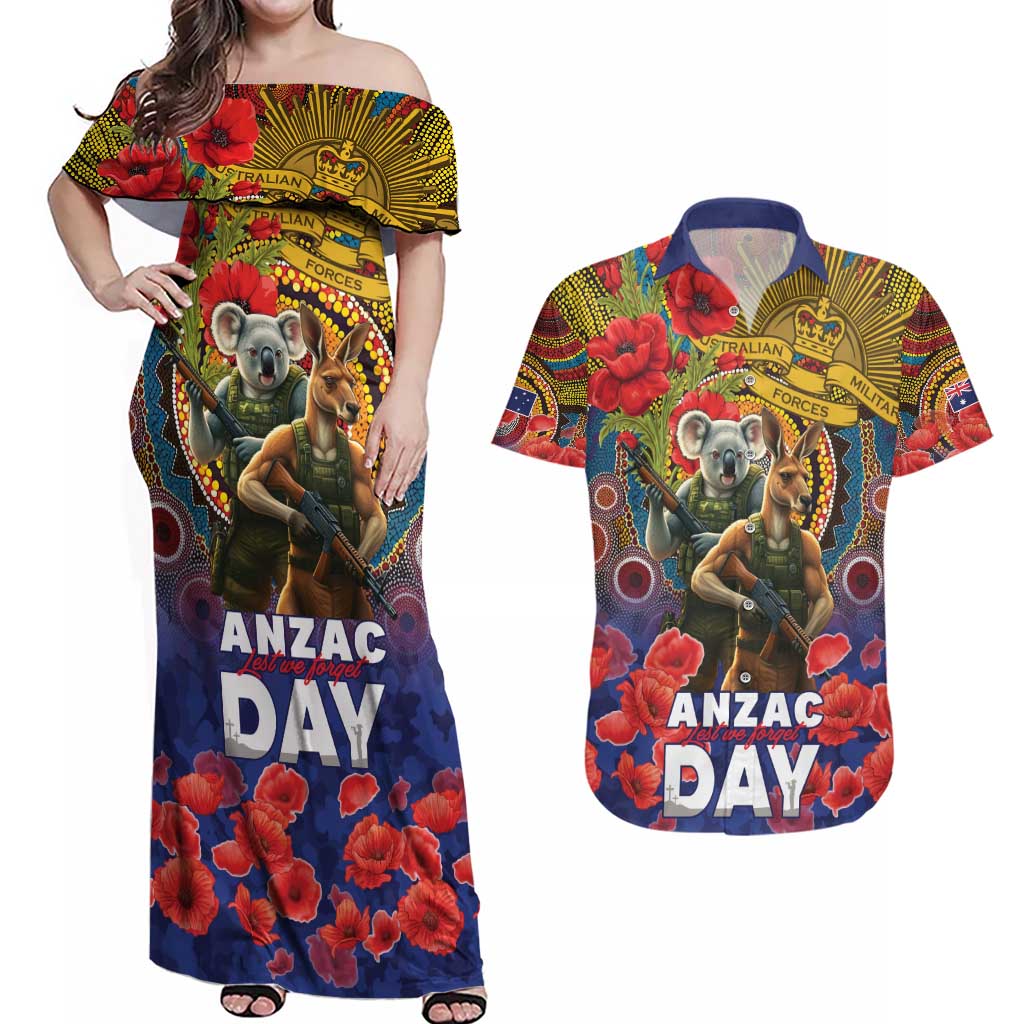 Kangaroo Koala Soldier ANZAC Personalised Couples Matching Off Shoulder Maxi Dress and Hawaiian Shirt Camouflage Motif