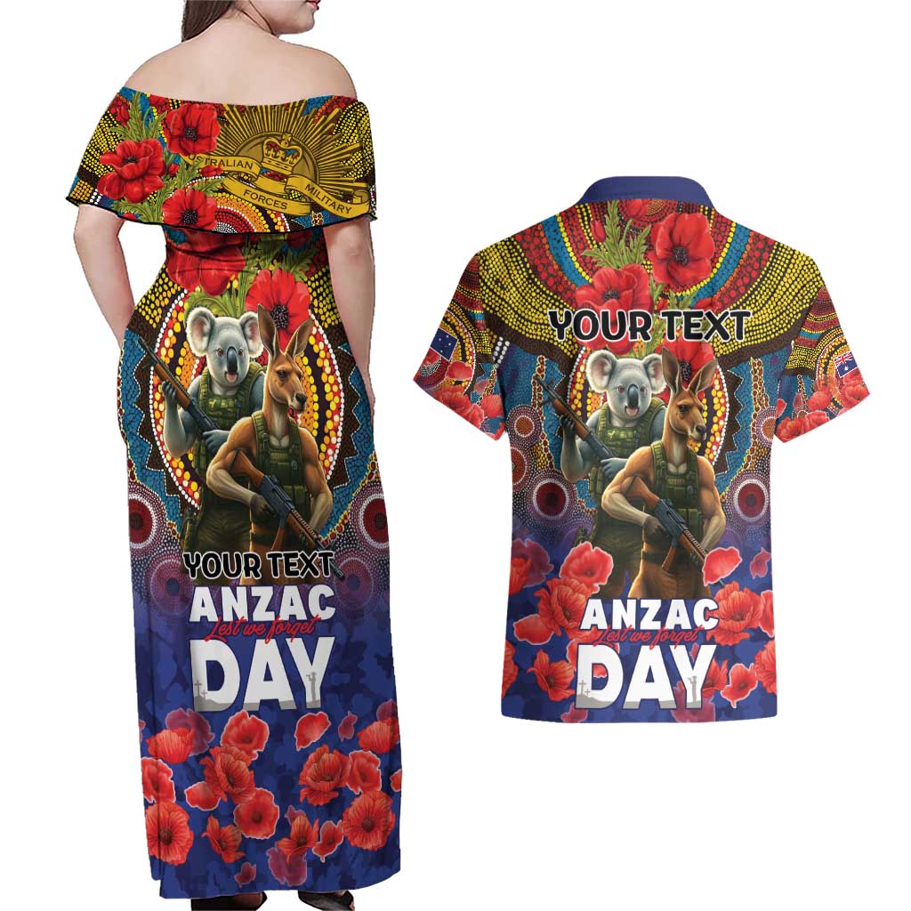Kangaroo Koala Soldier ANZAC Personalised Couples Matching Off Shoulder Maxi Dress and Hawaiian Shirt Camouflage Motif