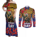 Kangaroo Koala Soldier ANZAC Personalised Couples Matching Off Shoulder Maxi Dress and Long Sleeve Button Shirt Camouflage Motif