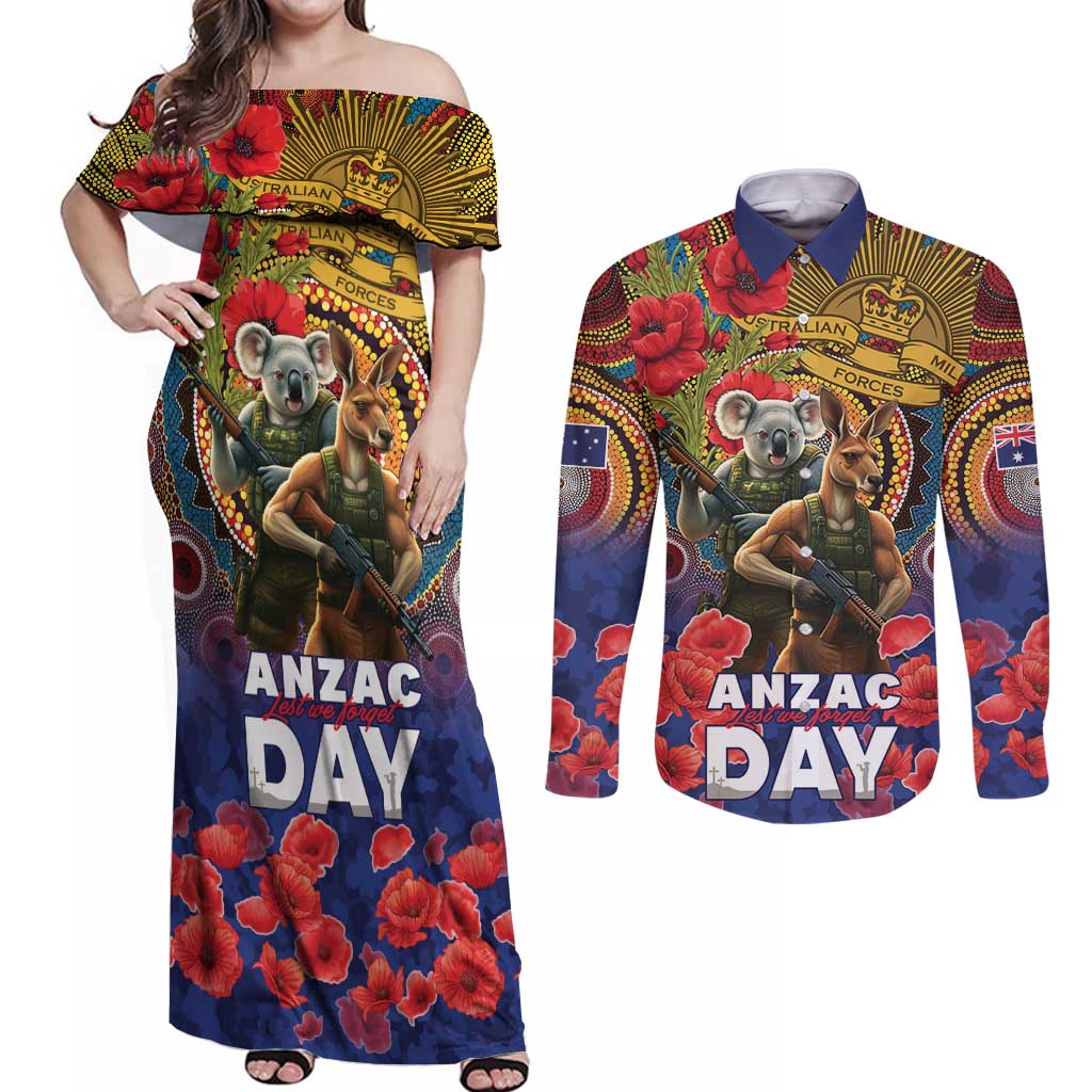 Kangaroo Koala Soldier ANZAC Personalised Couples Matching Off Shoulder Maxi Dress and Long Sleeve Button Shirt Camouflage Motif