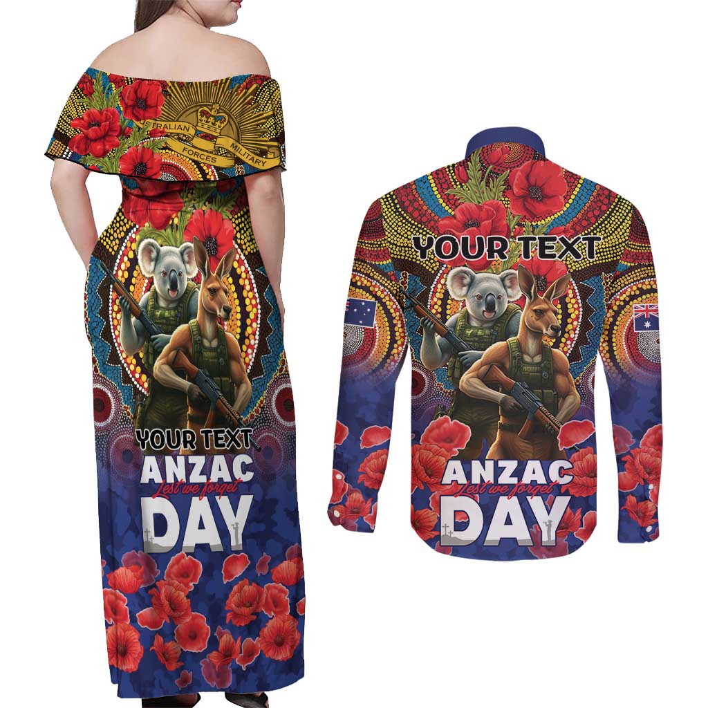 Kangaroo Koala Soldier ANZAC Personalised Couples Matching Off Shoulder Maxi Dress and Long Sleeve Button Shirt Camouflage Motif