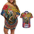 Kangaroo Koala Soldier ANZAC Personalised Couples Matching Off Shoulder Short Dress and Hawaiian Shirt Camouflage Motif