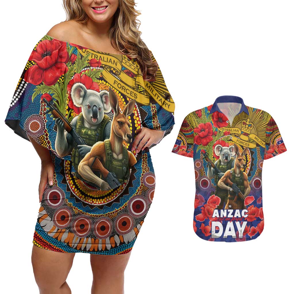Kangaroo Koala Soldier ANZAC Personalised Couples Matching Off Shoulder Short Dress and Hawaiian Shirt Camouflage Motif