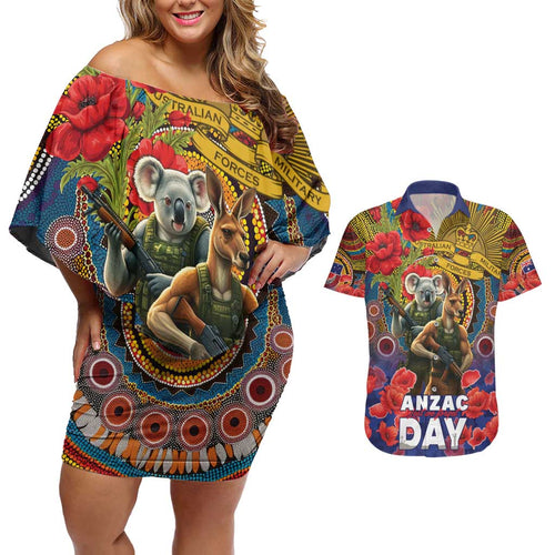 Kangaroo Koala Soldier ANZAC Personalised Couples Matching Off Shoulder Short Dress and Hawaiian Shirt Camouflage Motif