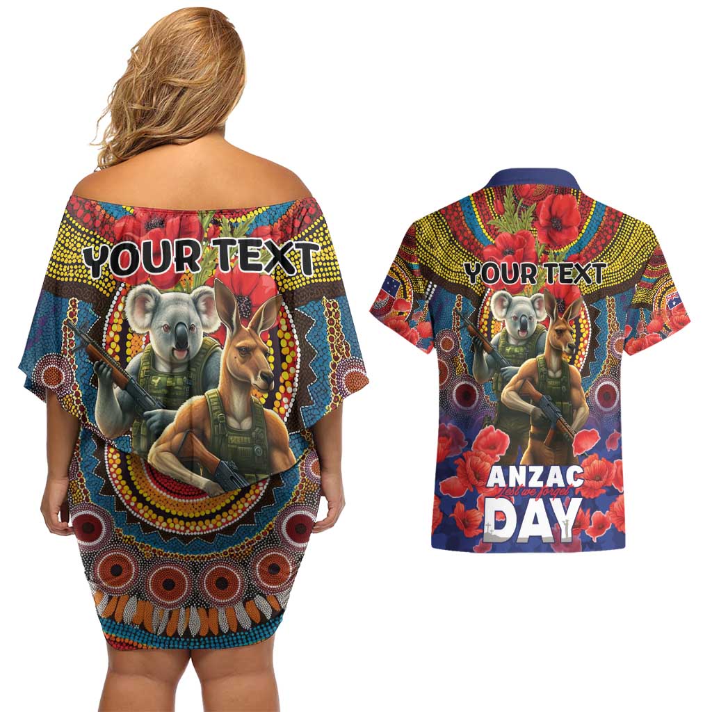 Kangaroo Koala Soldier ANZAC Personalised Couples Matching Off Shoulder Short Dress and Hawaiian Shirt Camouflage Motif