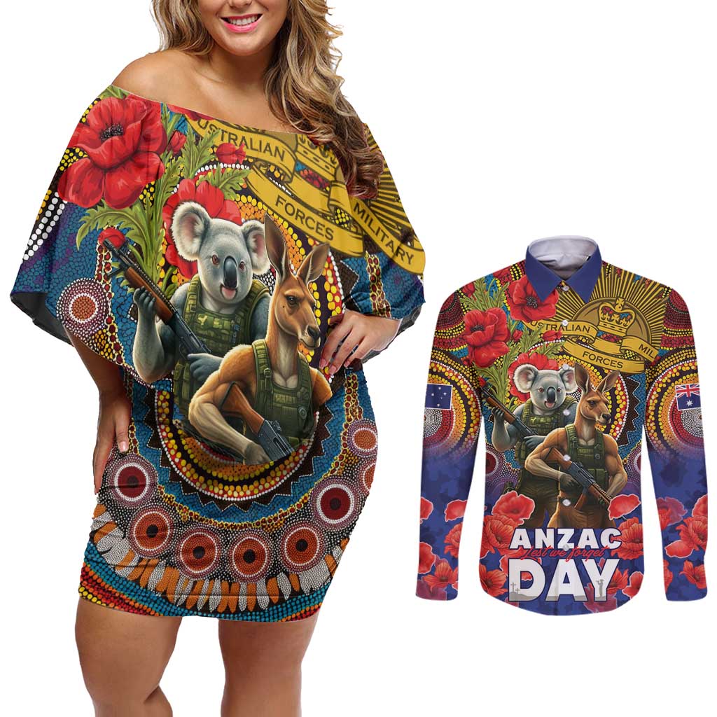 Kangaroo Koala Soldier ANZAC Personalised Couples Matching Off Shoulder Short Dress and Long Sleeve Button Shirt Camouflage Motif