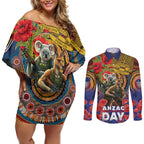 Kangaroo Koala Soldier ANZAC Personalised Couples Matching Off Shoulder Short Dress and Long Sleeve Button Shirt Camouflage Motif
