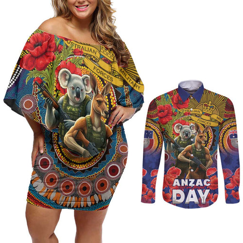 Kangaroo Koala Soldier ANZAC Personalised Couples Matching Off Shoulder Short Dress and Long Sleeve Button Shirt Camouflage Motif