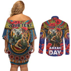 Kangaroo Koala Soldier ANZAC Personalised Couples Matching Off Shoulder Short Dress and Long Sleeve Button Shirt Camouflage Motif