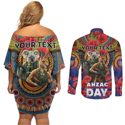 Kangaroo Koala Soldier ANZAC Personalised Couples Matching Off Shoulder Short Dress and Long Sleeve Button Shirt Camouflage Motif