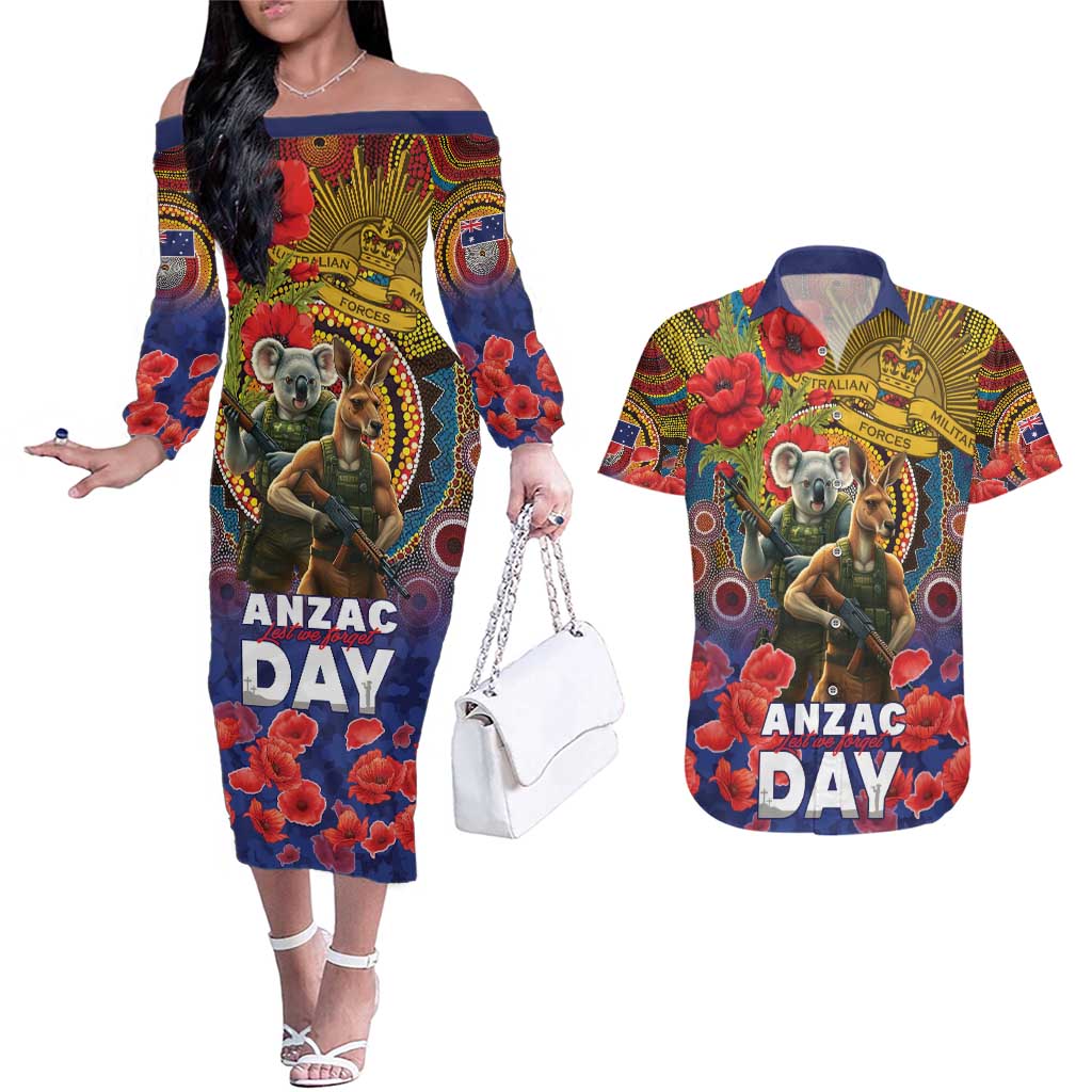 Kangaroo Koala Soldier ANZAC Personalised Couples Matching Off The Shoulder Long Sleeve Dress and Hawaiian Shirt Camouflage Motif