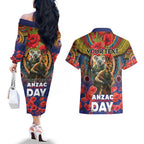 Kangaroo Koala Soldier ANZAC Personalised Couples Matching Off The Shoulder Long Sleeve Dress and Hawaiian Shirt Camouflage Motif
