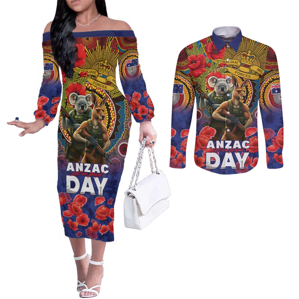 Kangaroo Koala Soldier ANZAC Personalised Couples Matching Off The Shoulder Long Sleeve Dress and Long Sleeve Button Shirt Camouflage Motif