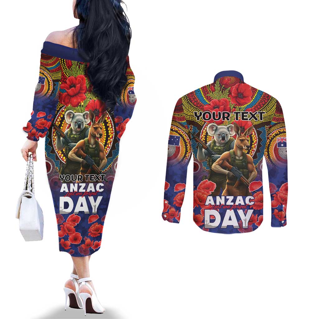Kangaroo Koala Soldier ANZAC Personalised Couples Matching Off The Shoulder Long Sleeve Dress and Long Sleeve Button Shirt Camouflage Motif