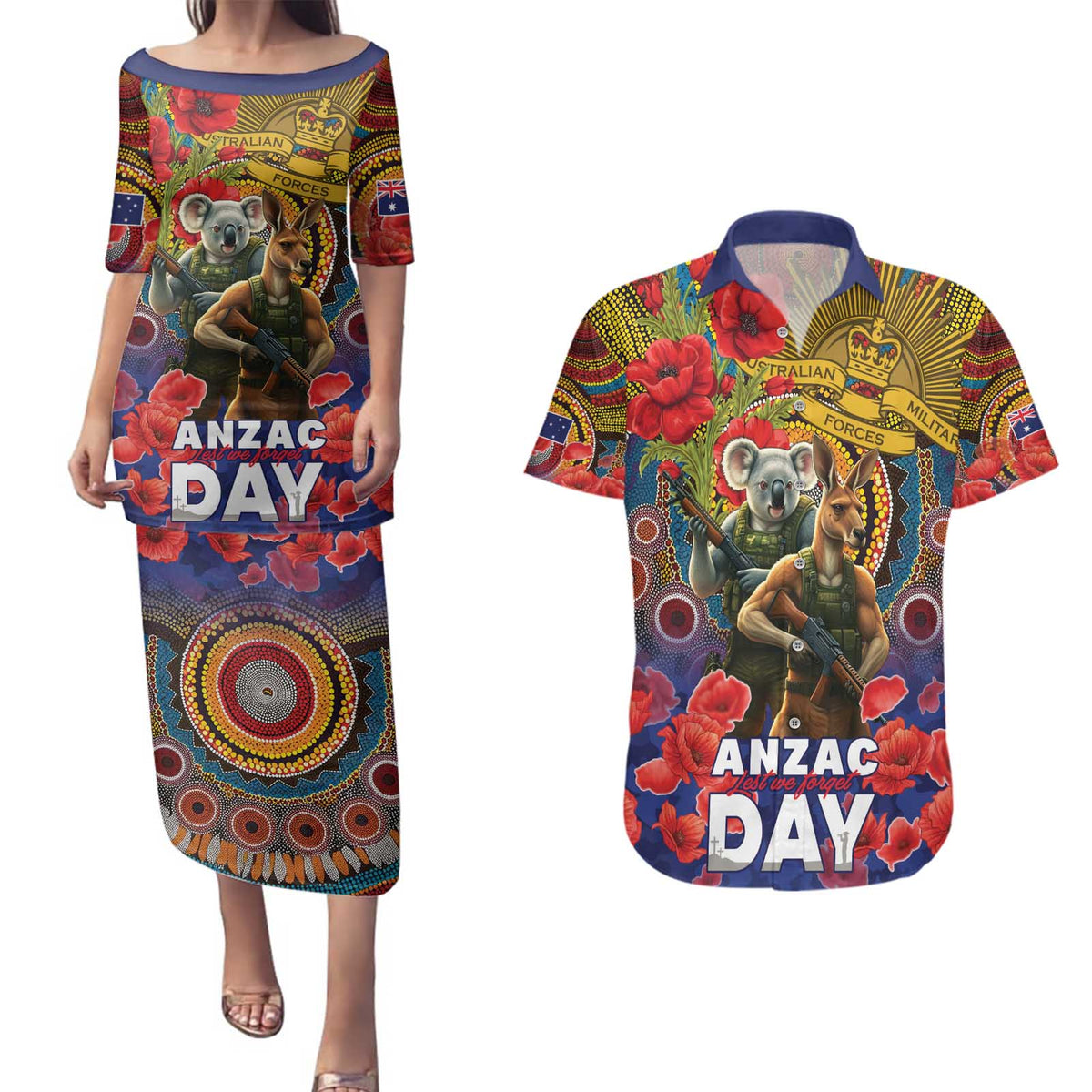 Kangaroo Koala Soldier ANZAC Personalised Couples Matching Puletasi and Hawaiian Shirt Camouflage Motif