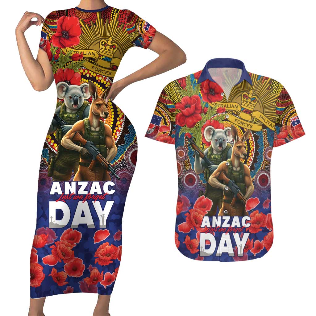 Kangaroo Koala Soldier ANZAC Personalised Couples Matching Short Sleeve Bodycon Dress and Hawaiian Shirt Camouflage Motif
