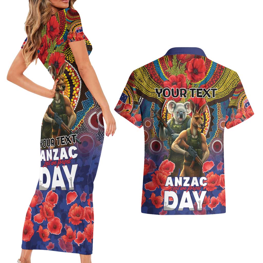Kangaroo Koala Soldier ANZAC Personalised Couples Matching Short Sleeve Bodycon Dress and Hawaiian Shirt Camouflage Motif
