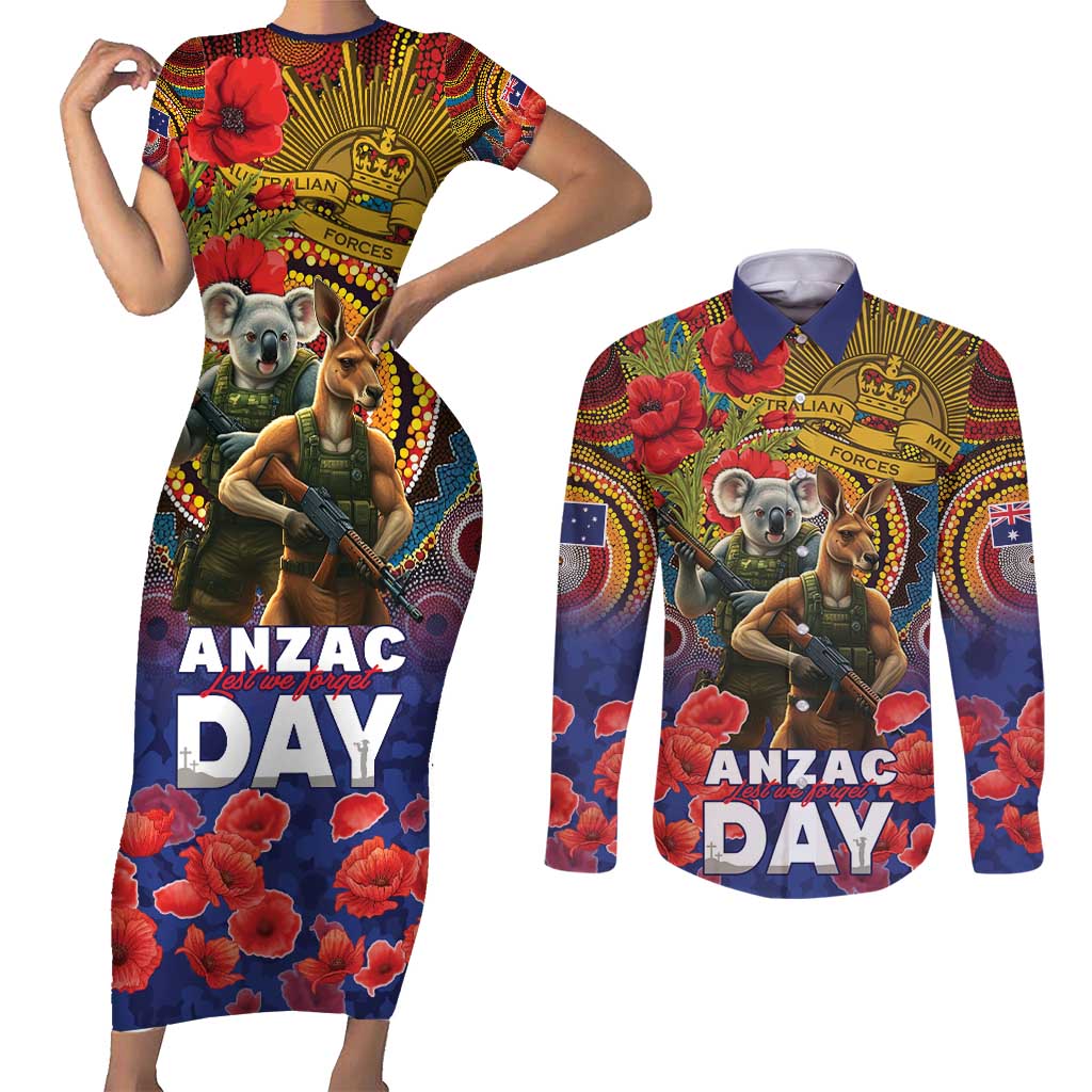 Kangaroo Koala Soldier ANZAC Personalised Couples Matching Short Sleeve Bodycon Dress and Long Sleeve Button Shirt Camouflage Motif