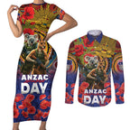 Kangaroo Koala Soldier ANZAC Personalised Couples Matching Short Sleeve Bodycon Dress and Long Sleeve Button Shirt Camouflage Motif