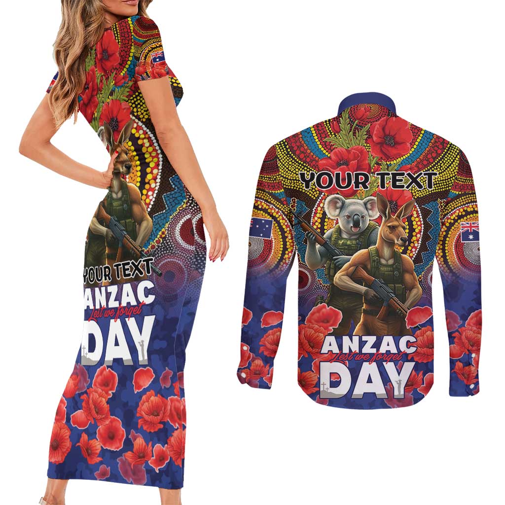 Kangaroo Koala Soldier ANZAC Personalised Couples Matching Short Sleeve Bodycon Dress and Long Sleeve Button Shirt Camouflage Motif