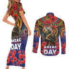 Kangaroo Koala Soldier ANZAC Personalised Couples Matching Short Sleeve Bodycon Dress and Long Sleeve Button Shirt Camouflage Motif