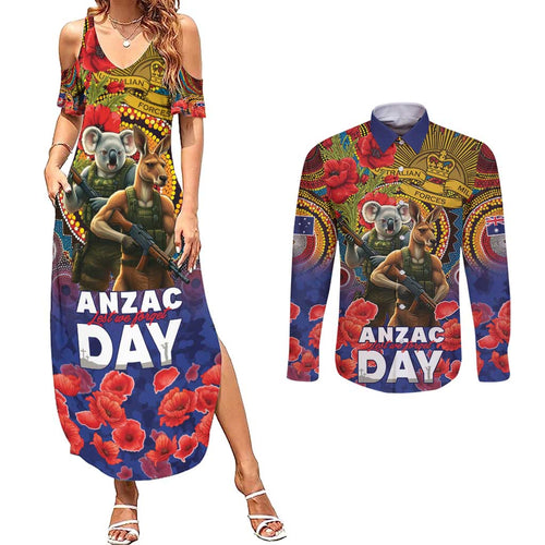 Kangaroo Koala Soldier ANZAC Personalised Couples Matching Summer Maxi Dress and Long Sleeve Button Shirt Camouflage Motif