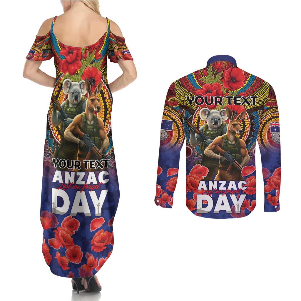 Kangaroo Koala Soldier ANZAC Personalised Couples Matching Summer Maxi Dress and Long Sleeve Button Shirt Camouflage Motif