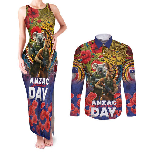 Kangaroo Koala Soldier ANZAC Personalised Couples Matching Tank Maxi Dress and Long Sleeve Button Shirt Camouflage Motif