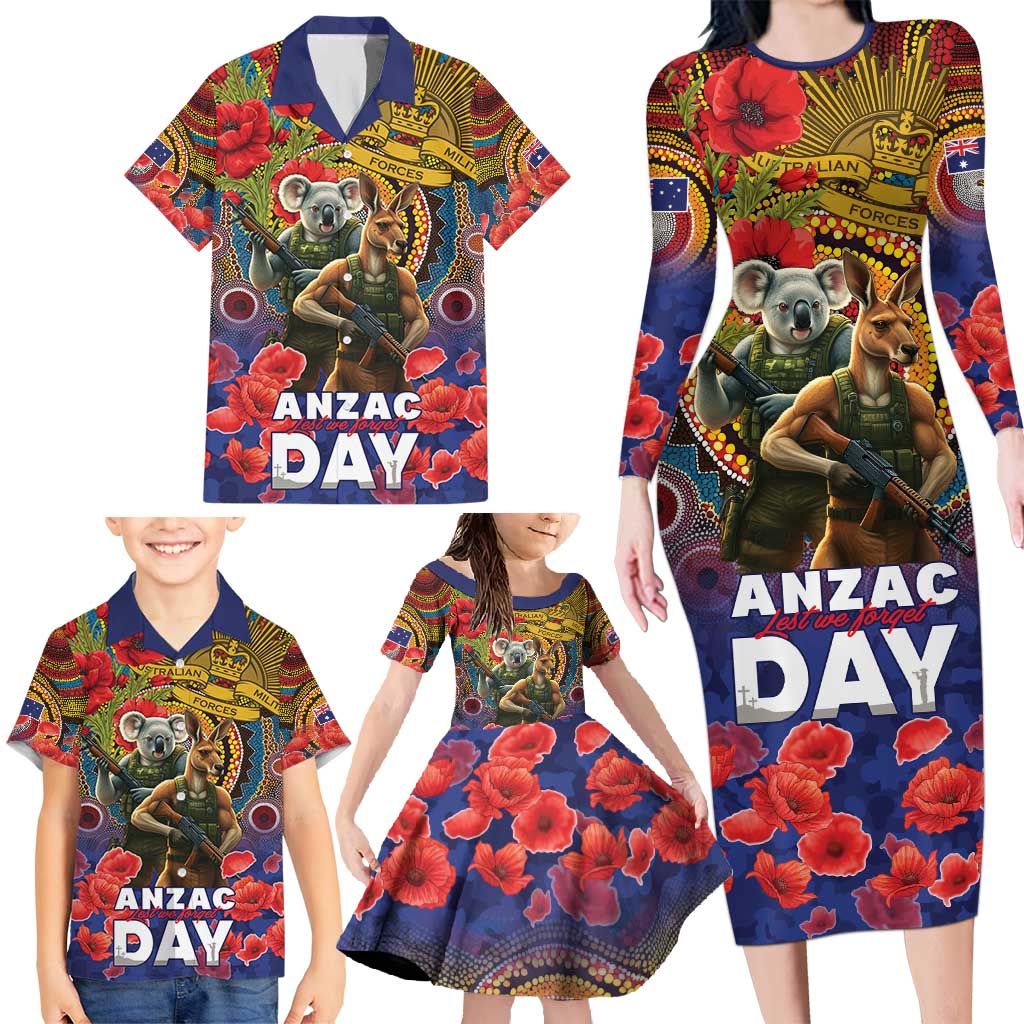 Kangaroo Koala Soldier ANZAC Personalised Family Matching Long Sleeve Bodycon Dress and Hawaiian Shirt Camouflage Motif