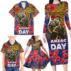 Kangaroo Koala Soldier ANZAC Personalised Family Matching Long Sleeve Bodycon Dress and Hawaiian Shirt Camouflage Motif
