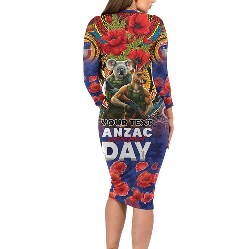 Kangaroo Koala Soldier ANZAC Personalised Family Matching Long Sleeve Bodycon Dress and Hawaiian Shirt Camouflage Motif