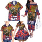 Kangaroo Koala Soldier ANZAC Personalised Family Matching Off The Shoulder Long Sleeve Dress and Hawaiian Shirt Camouflage Motif