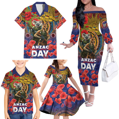 Kangaroo Koala Soldier ANZAC Personalised Family Matching Off The Shoulder Long Sleeve Dress and Hawaiian Shirt Camouflage Motif