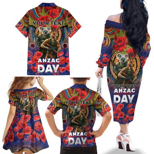 Kangaroo Koala Soldier ANZAC Personalised Family Matching Off The Shoulder Long Sleeve Dress and Hawaiian Shirt Camouflage Motif