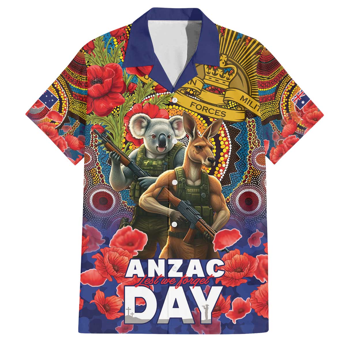 Kangaroo Koala Soldier ANZAC Personalised Family Matching Off The Shoulder Long Sleeve Dress and Hawaiian Shirt Camouflage Motif