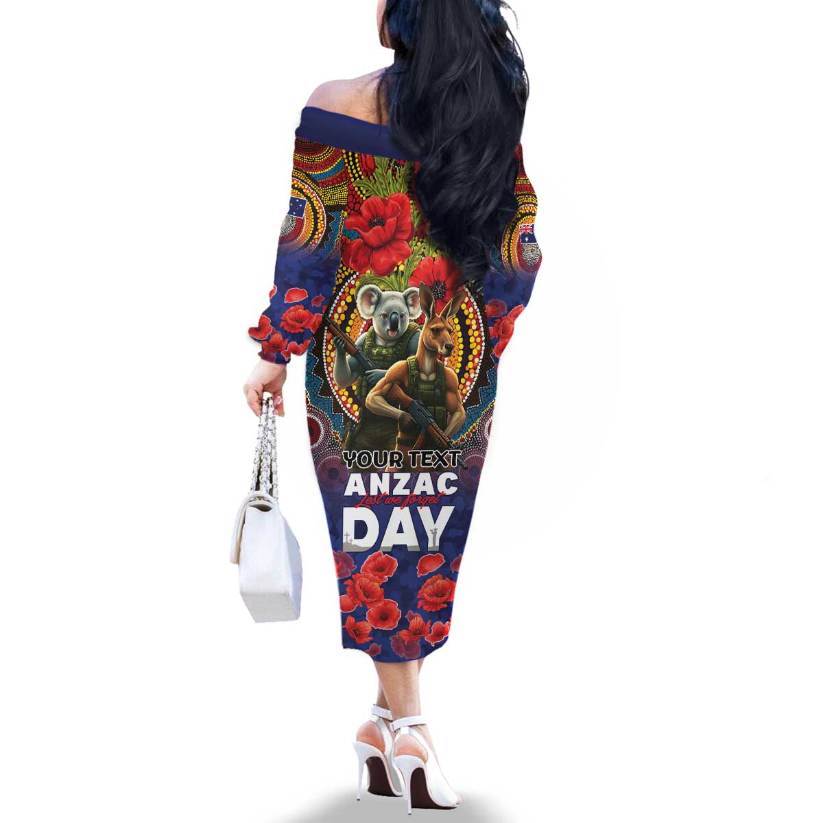 Kangaroo Koala Soldier ANZAC Personalised Family Matching Off The Shoulder Long Sleeve Dress and Hawaiian Shirt Camouflage Motif