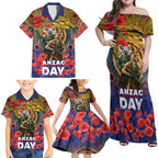 Kangaroo Koala Soldier ANZAC Personalised Family Matching Off Shoulder Maxi Dress and Hawaiian Shirt Camouflage Motif