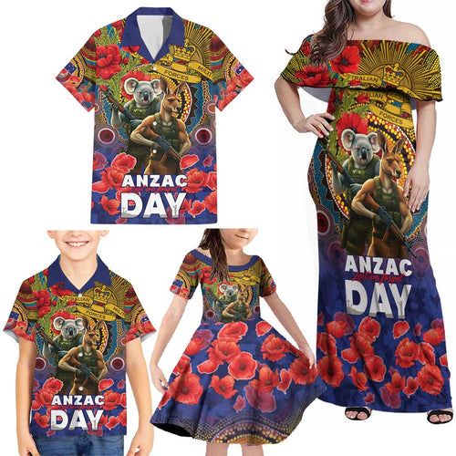 Kangaroo Koala Soldier ANZAC Personalised Family Matching Off Shoulder Maxi Dress and Hawaiian Shirt Camouflage Motif
