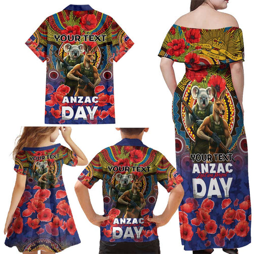 Kangaroo Koala Soldier ANZAC Personalised Family Matching Off Shoulder Maxi Dress and Hawaiian Shirt Camouflage Motif