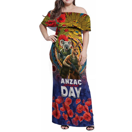 Kangaroo Koala Soldier ANZAC Personalised Family Matching Off Shoulder Maxi Dress and Hawaiian Shirt Camouflage Motif