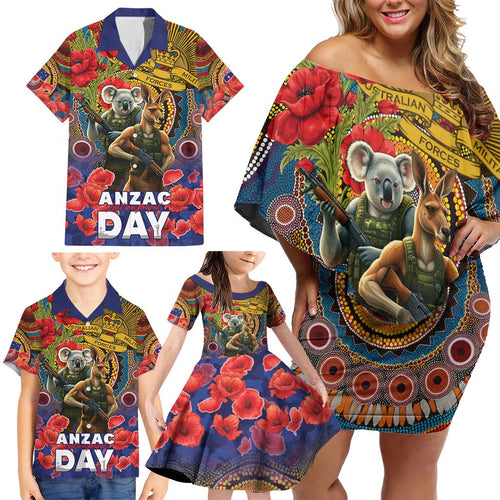 Kangaroo Koala Soldier ANZAC Personalised Family Matching Off Shoulder Short Dress and Hawaiian Shirt Camouflage Motif