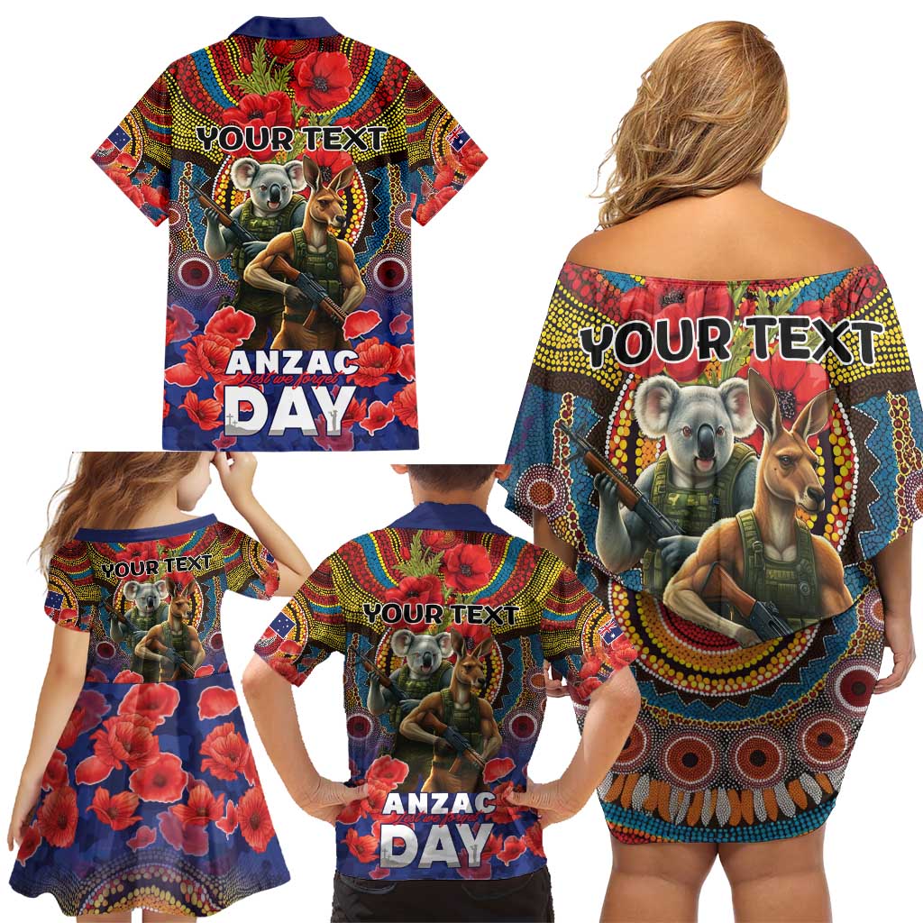 Kangaroo Koala Soldier ANZAC Personalised Family Matching Off Shoulder Short Dress and Hawaiian Shirt Camouflage Motif
