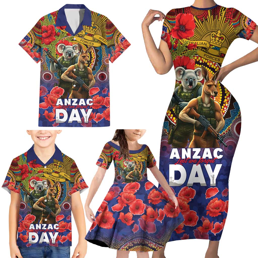 Kangaroo Koala Soldier ANZAC Personalised Family Matching Short Sleeve Bodycon Dress and Hawaiian Shirt Camouflage Motif