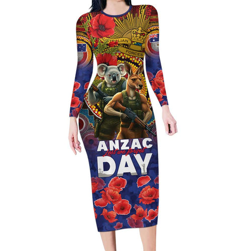 Kangaroo Koala Soldier ANZAC Personalised Long Sleeve Bodycon Dress Camouflage Motif