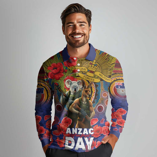Kangaroo Koala Soldier ANZAC Personalised Long Sleeve Polo Shirt Camouflage Motif