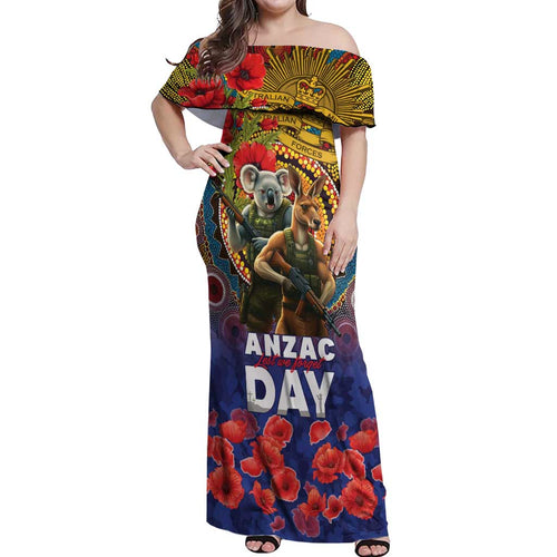 Kangaroo Koala Soldier ANZAC Personalised Off Shoulder Maxi Dress Camouflage Motif