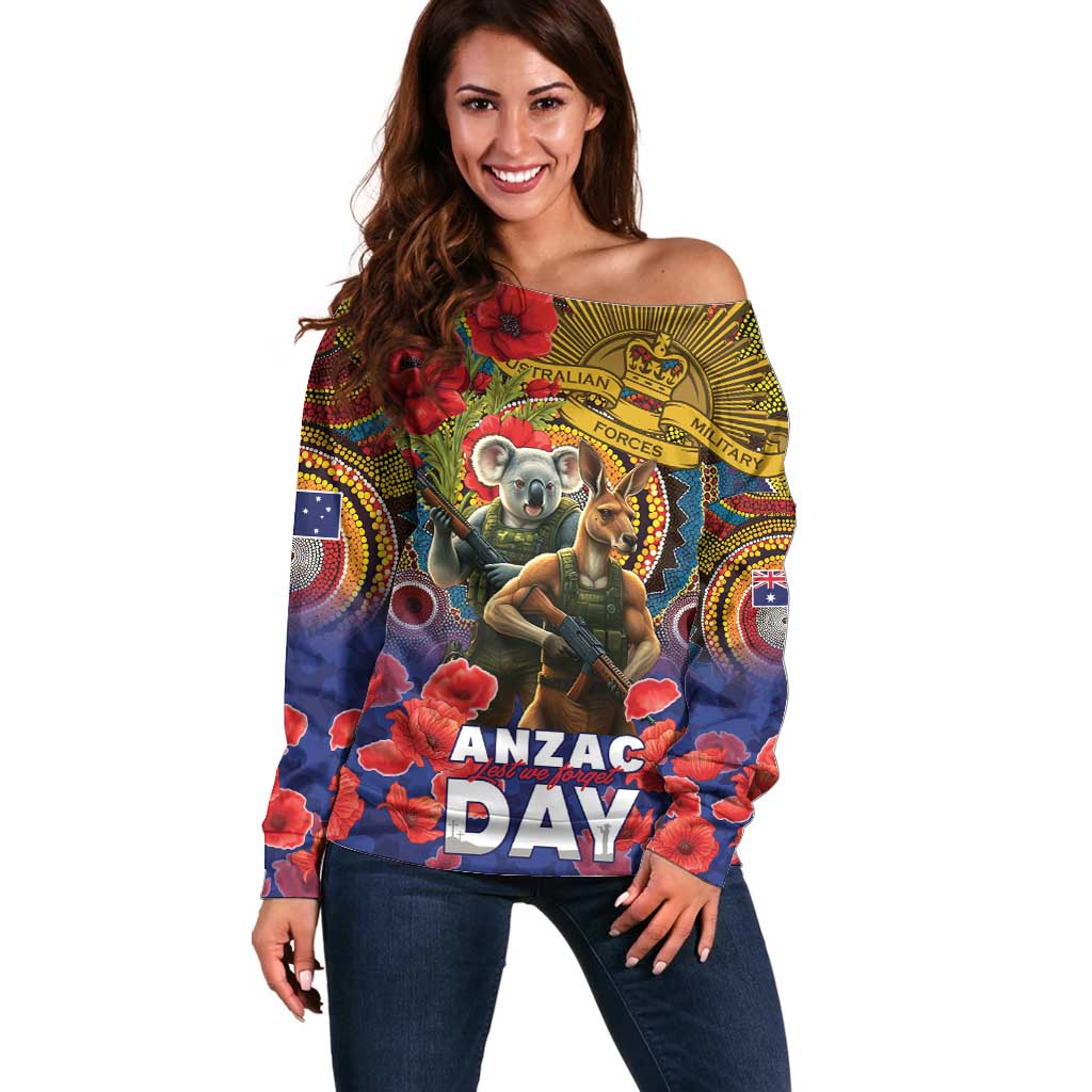 Kangaroo Koala Soldier ANZAC Personalised Off Shoulder Sweater Camouflage Motif