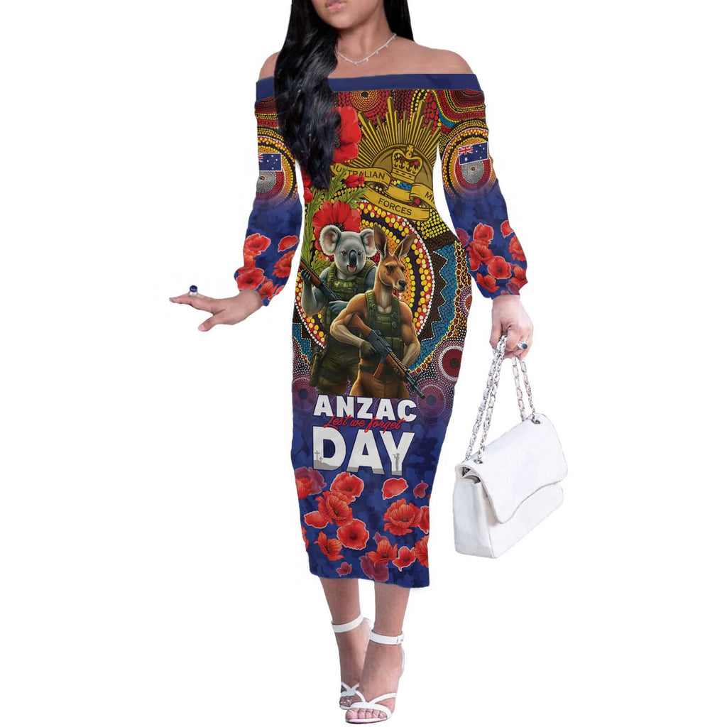 Kangaroo Koala Soldier ANZAC Personalised Off The Shoulder Long Sleeve Dress Camouflage Motif