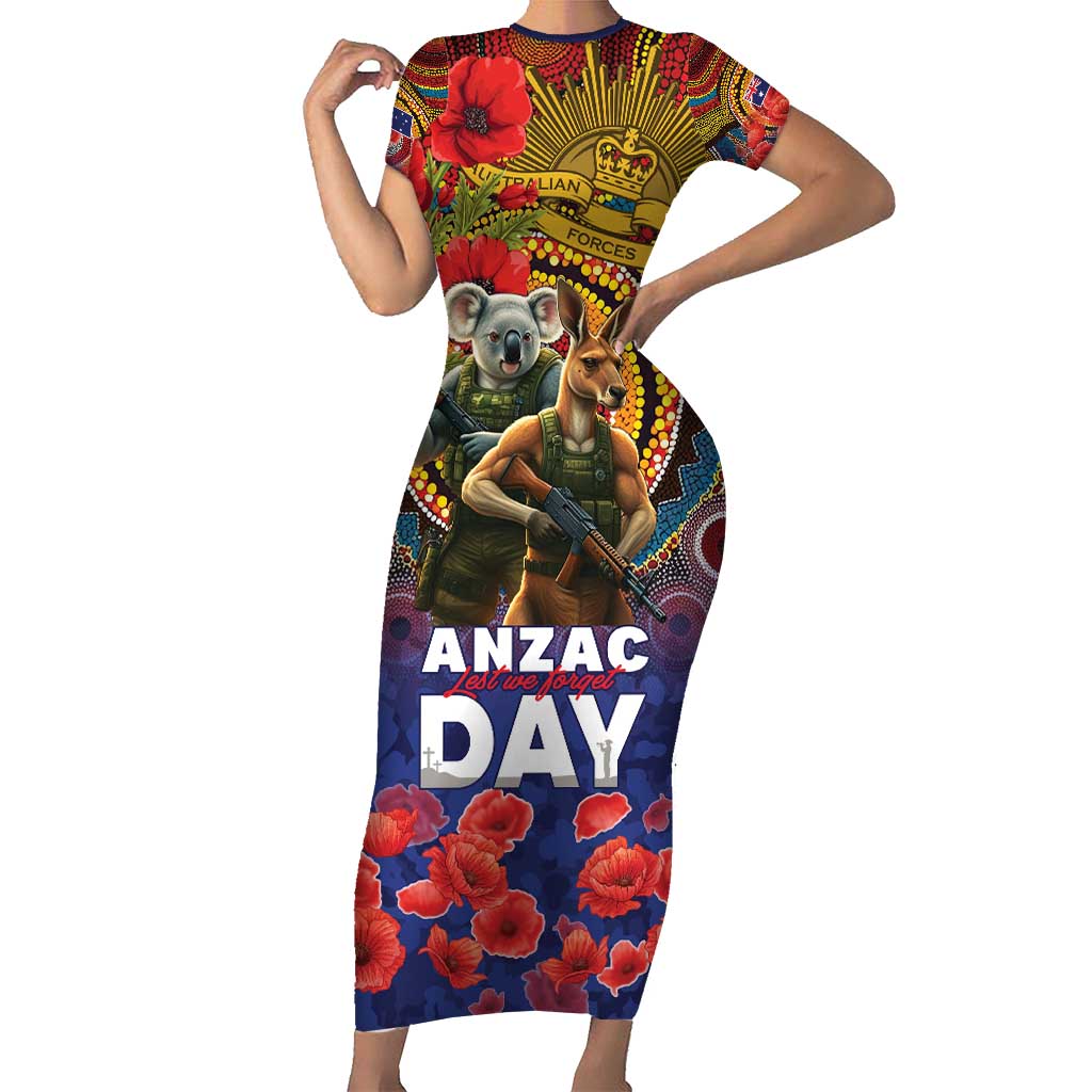 Kangaroo Koala Soldier ANZAC Personalised Short Sleeve Bodycon Dress Camouflage Motif