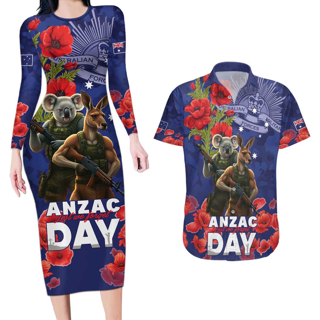 Kangaoo Koala Soldier ANZAC Personalised Couples Matching Long Sleeve Bodycon Dress and Hawaiian Shirt Aboriginal Dot Painting